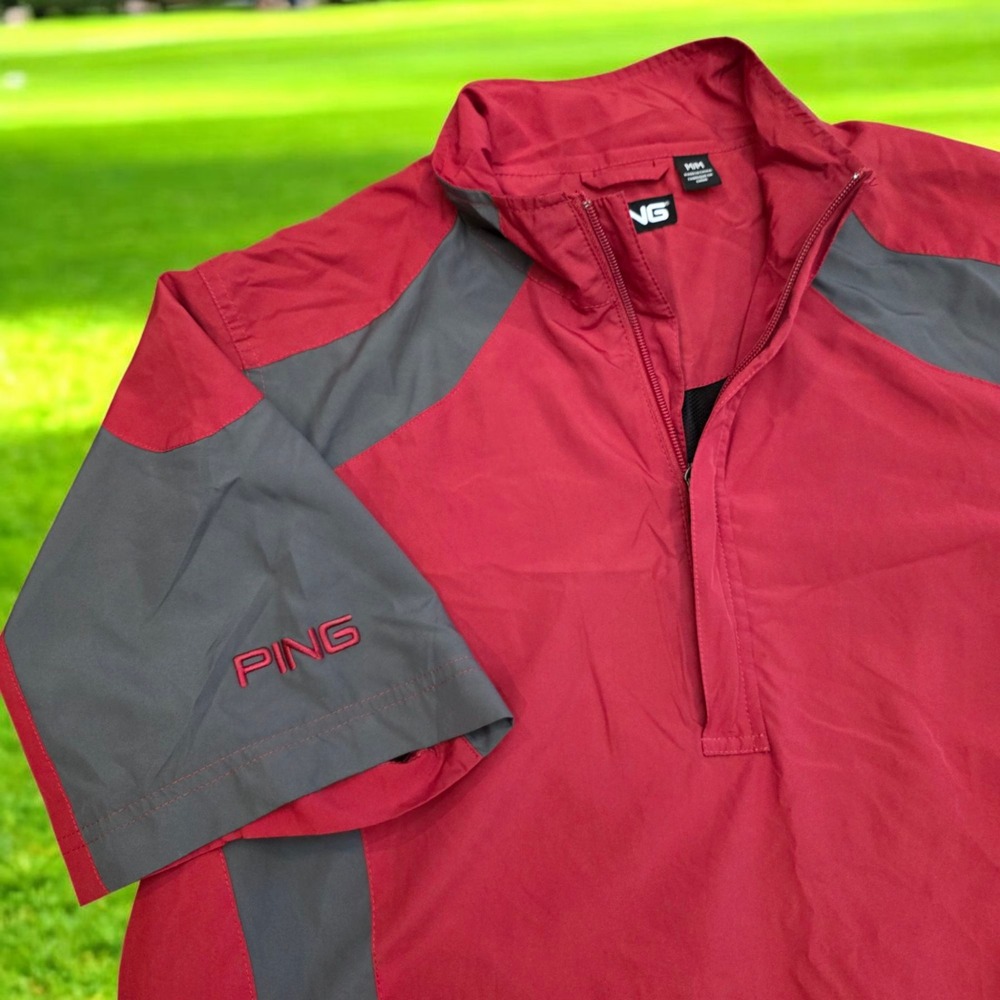 Ping Windbreaker Pullover Spellout Putter Man Red‎ Grey 1/4 Zip - M